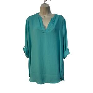 Decree Women’s Roll‎ Up Sleeve V-Neck Blouse Teal Green Size XL